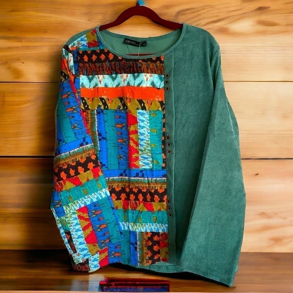 Zanzea Mixed Media Corduroy Top Ethnic Print Buttoned Women’s XXL Green Spl… - Picture 5 of 14
